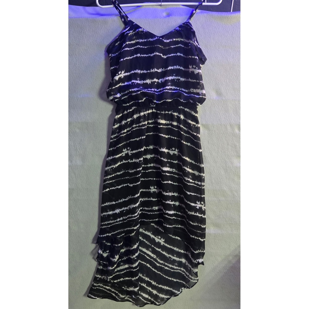 Black White Striped Tie Dye High‎ Low Dress V-Neck Ruffle Shoulder Sleeveless